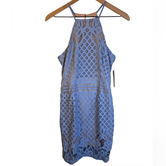Lulus NWT Blue Lace Halter Dress Lined Size Medium - Picture 2 of 6